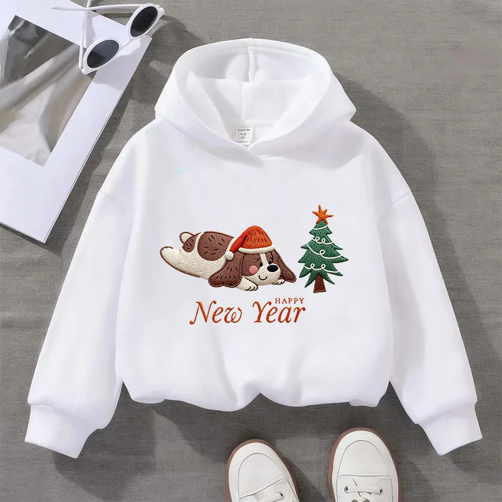 Kids Hoodie Cute Dog Christmas Tree New Year Embroidery Pullover for Boys Girls 3-14 Years Casual Long Sleeve Sweatshirt