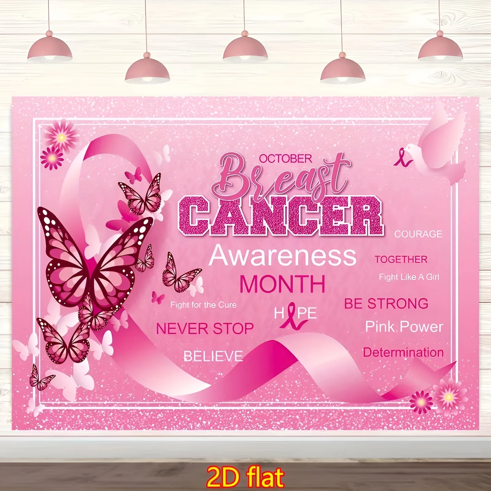 Décor mural photo en polyester scintillant rose avec papillons pour la sensibilisation au cancer du sein, espoir, courage, événement caritatif