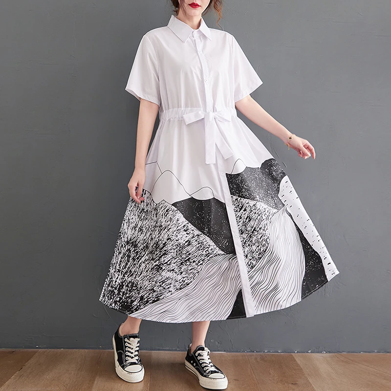 Water-Media Print Patchwork ort-Sve Dr con cintura y cuello Dstring para mujer de talla grande Faion de verano