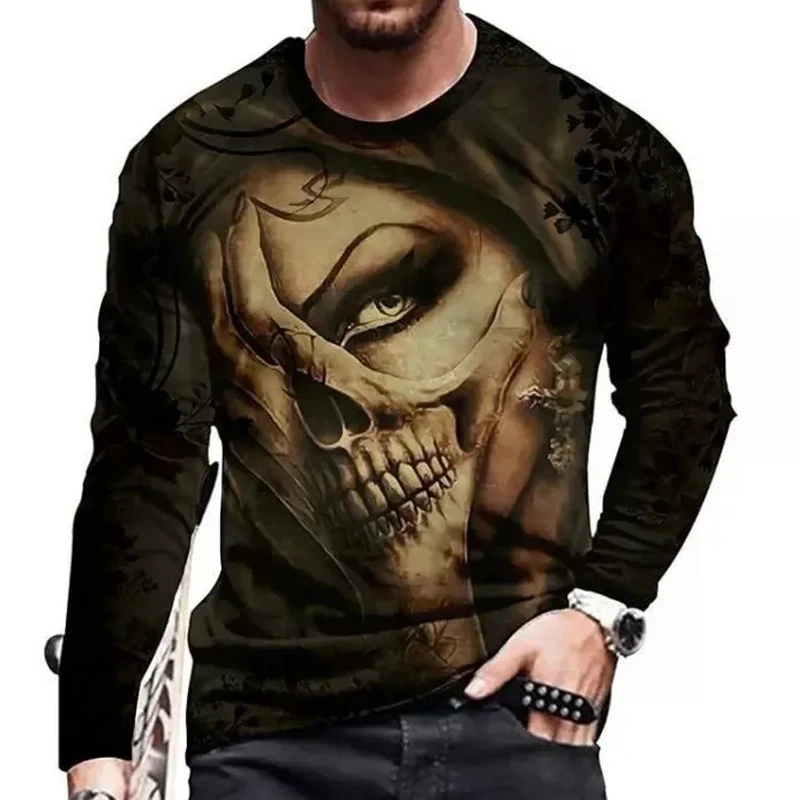 New Tide Skull Pattern European Size long Sleeved T-shirt For Men\'s Casual Autumn Top Round Neck Tee