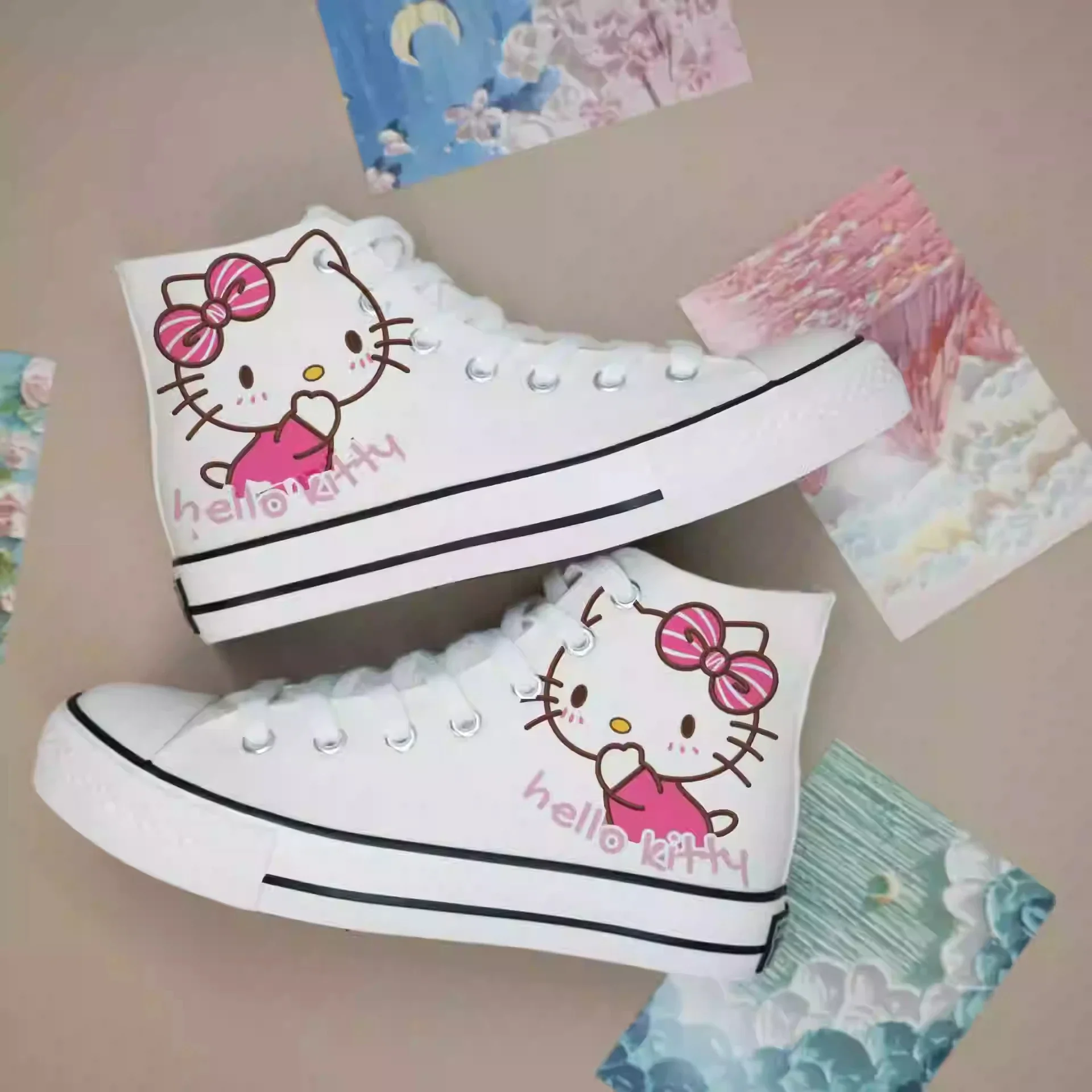 Sanrio Kawaii Hello Kitty Women Soft-soled High-top Canvas Shoes Anime Cartoon Fashion Students Flat-soled Single Shoes Sneakers