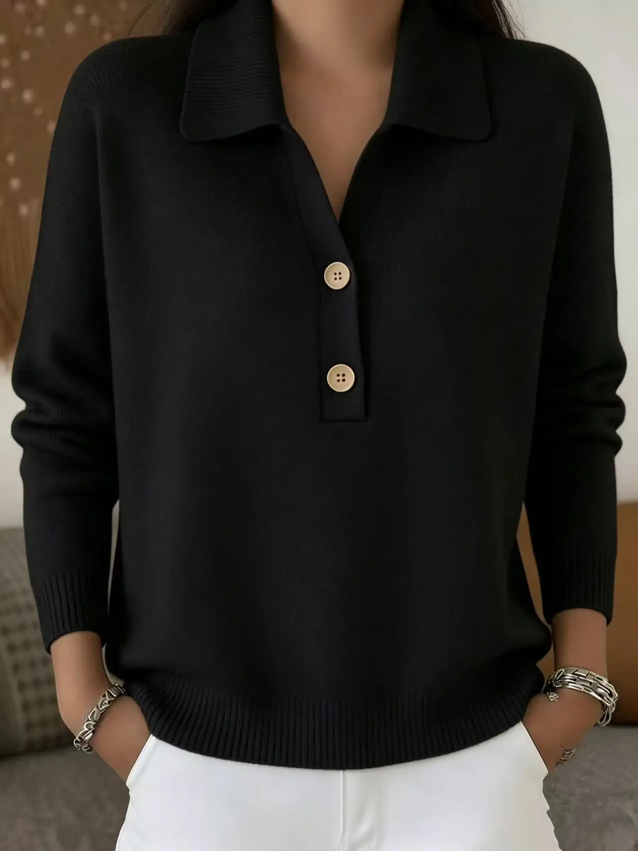 New Solid Color Casual Sweater Loose Fashion Simple Lazy Style Autumn Winter Knitted Long-sleeved Lapel Half Placket Button Tops