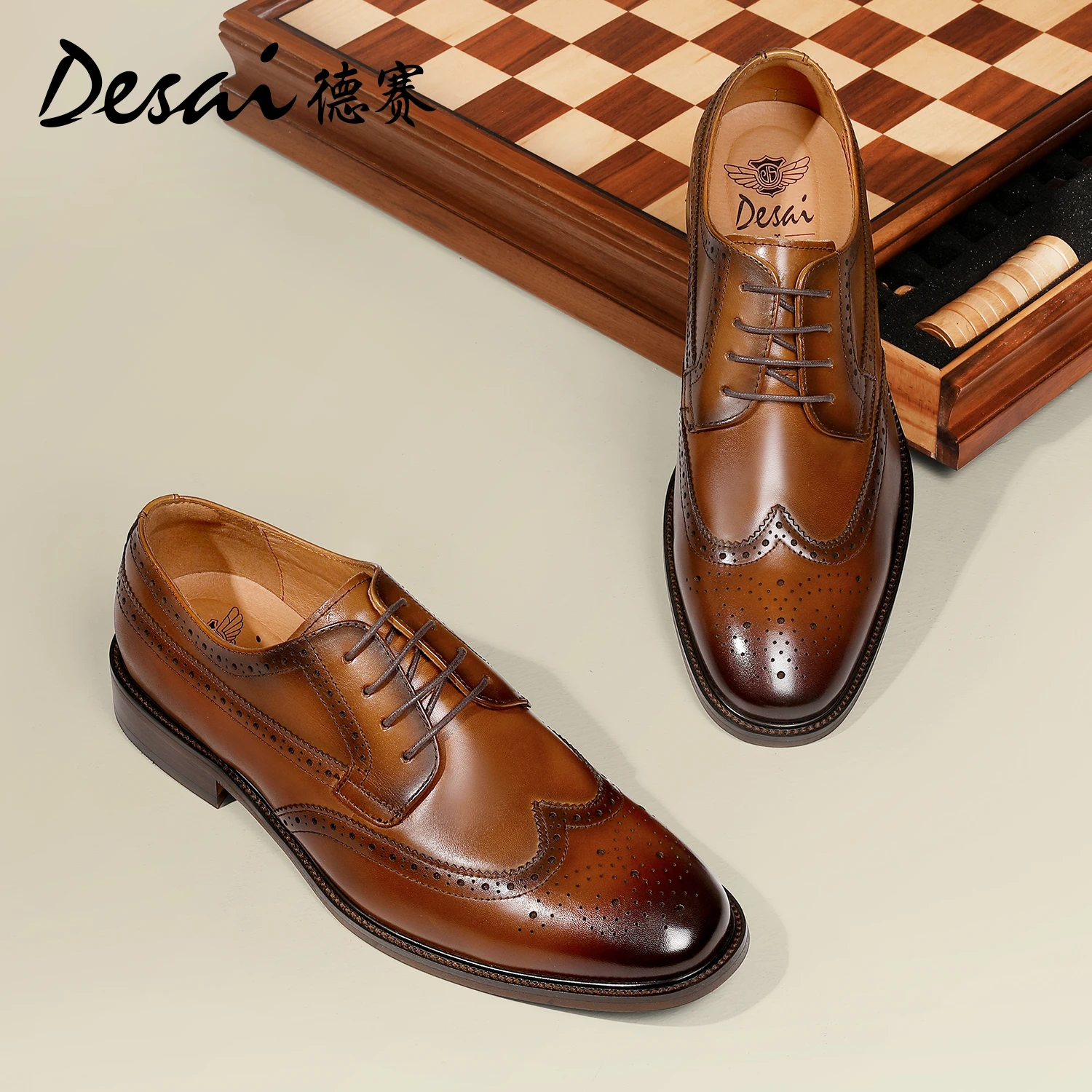 DESAI Genuine Leather Men Shoes Handmade Derby Business Classic Formal Brogue Carved Designer Shoes For Men 2024 New Color