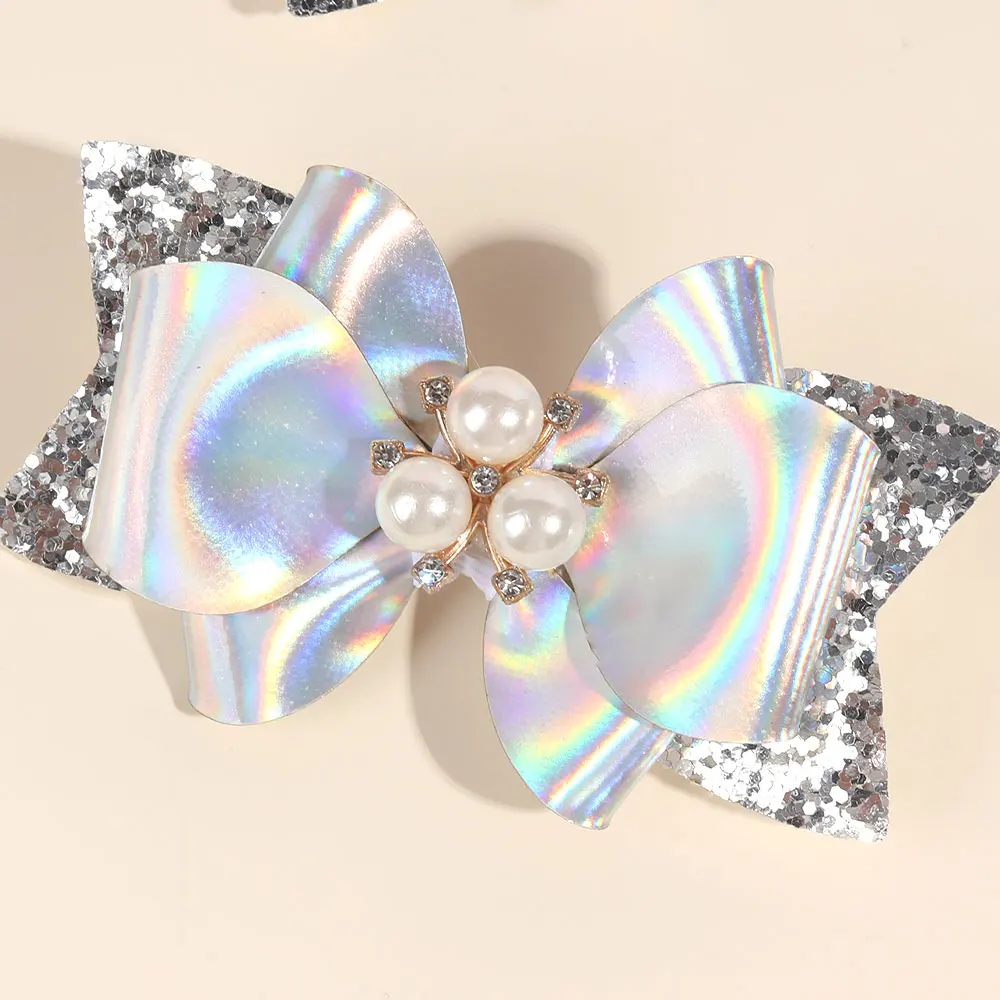 2pcs PU Leather Bows Hair Clip Girls Glitter Bowknot Hairpins Barrettes Boutique Hairgrips Pearl Headwear Hair Accessories