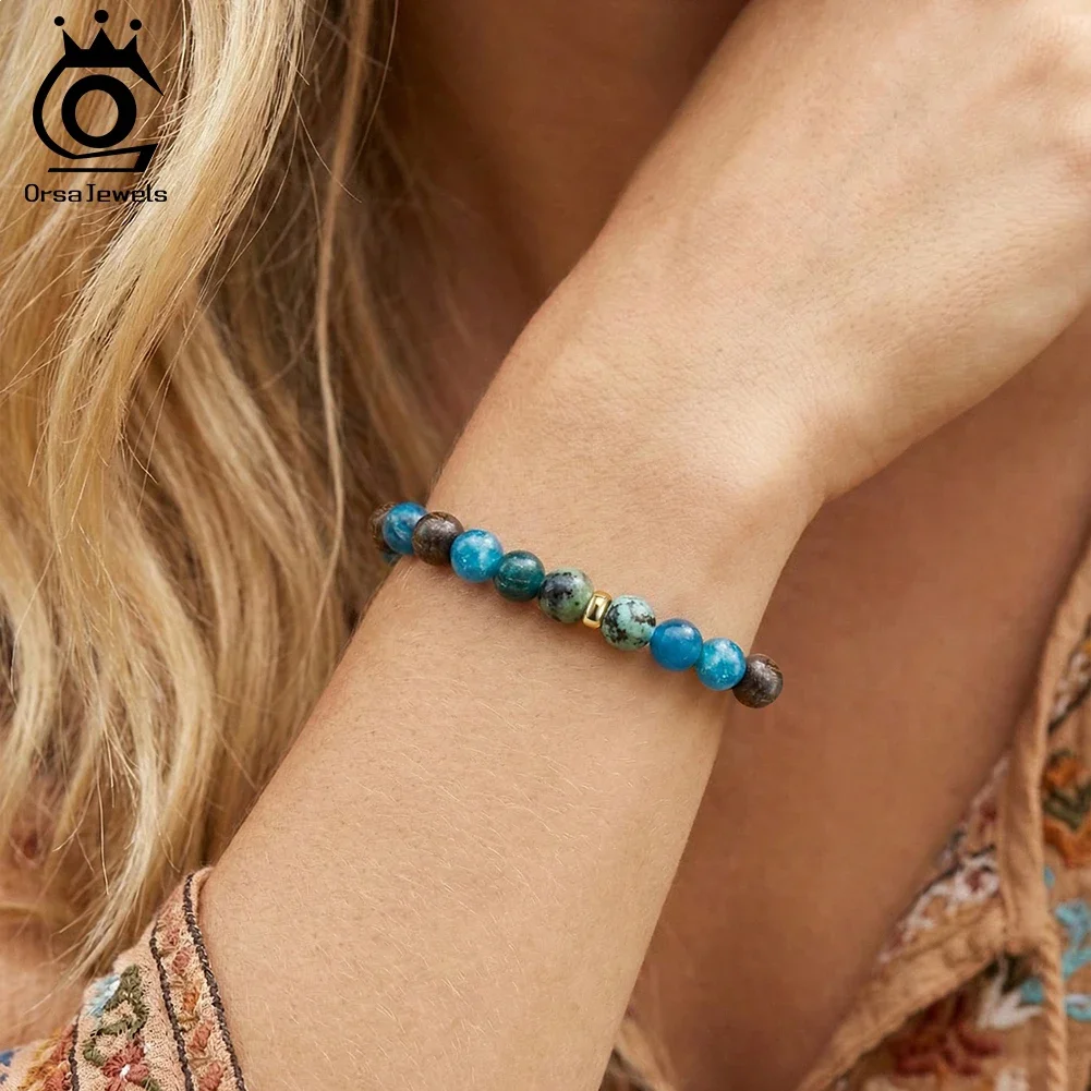 

Браслет ORSA JEWELS S925 из натурального бирюзового камня 8 мм, целебный кристалл, ручная работа, модный браслет из натуральных камней GMB84