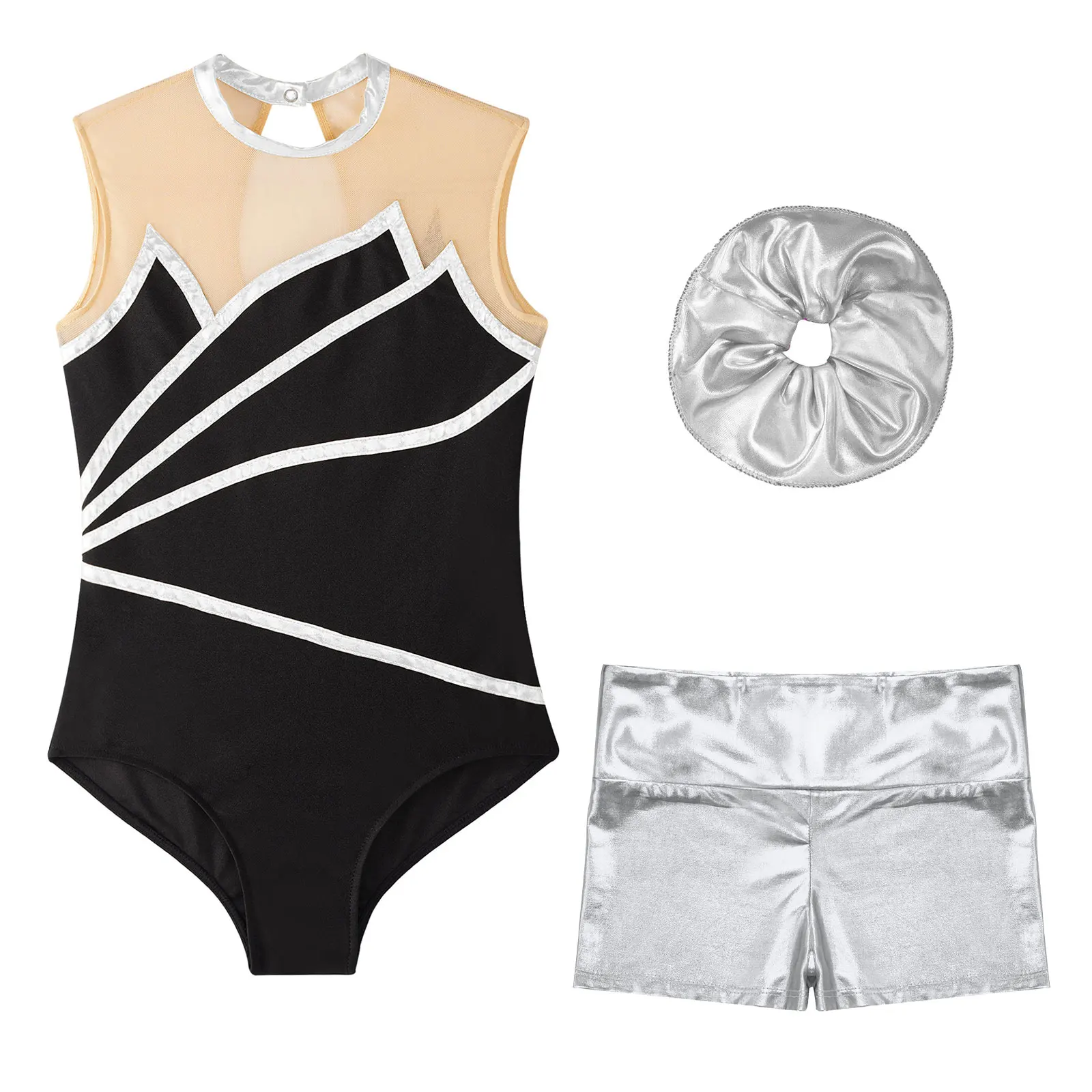 Kids Girls Sleeveless Patchwork Ballet Dance Leotard with Metallic Shorts Rhythmic Gymnastics Leotard for Girls Skating Bodysuit