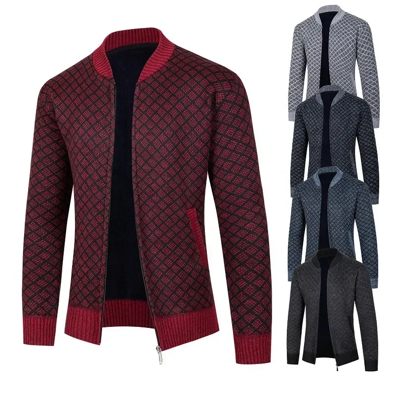 

2023 Winter Men's Standing Collar Jacquard Plush Thickened Sweater Knitwear Large Fashion Casual Cardigan Coat