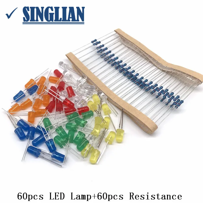 6 Colors Red Green Yellow White Blue Orange 5MM LED Light-emitting Diode Kit Package Include 60pcs LED Lamp+60pcs Resistance