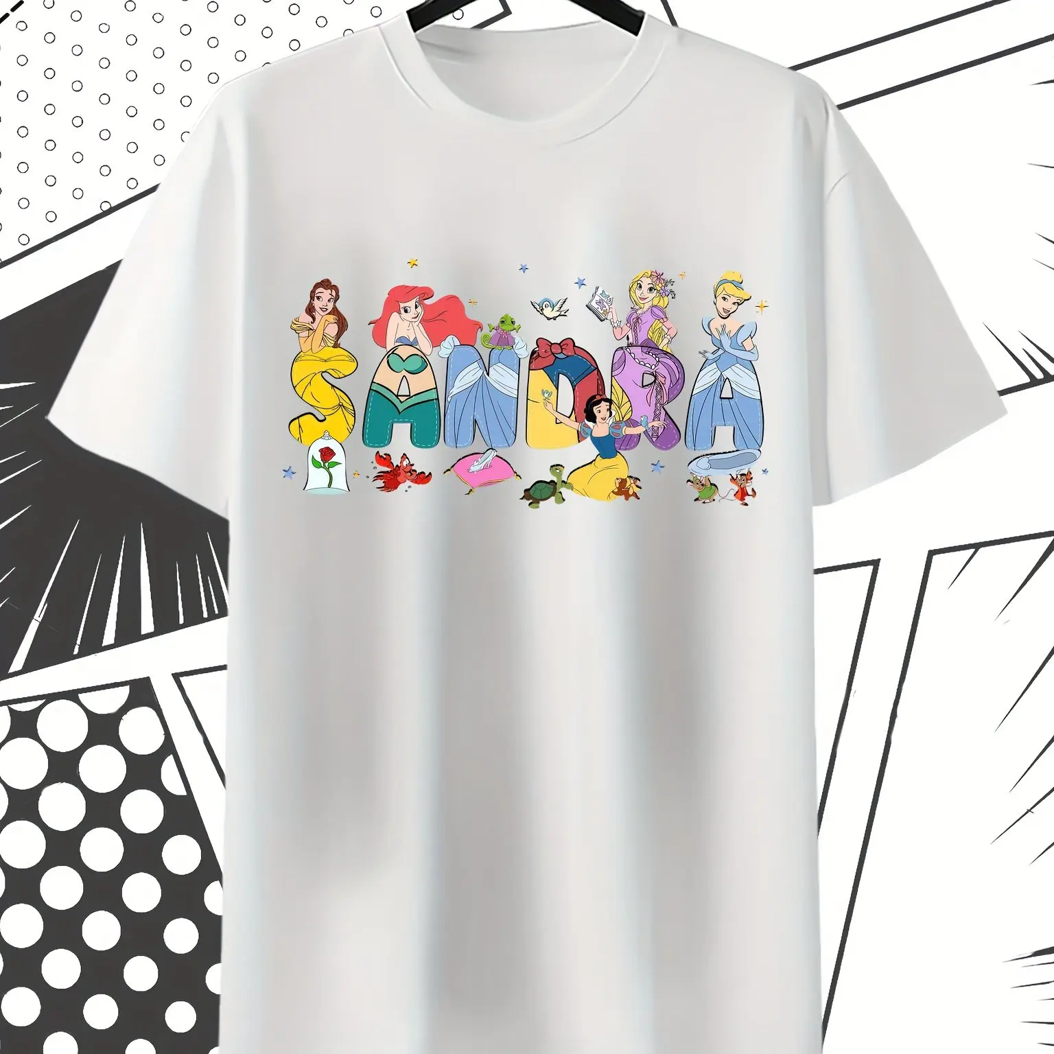 تي شيرت أميرات ديزني - بلوزة فضفاضة سوداء بأكمام قصيرة مع ساندرا (سيندريلا، حسناء، ياسمين، مولان) تصميم سحري #2