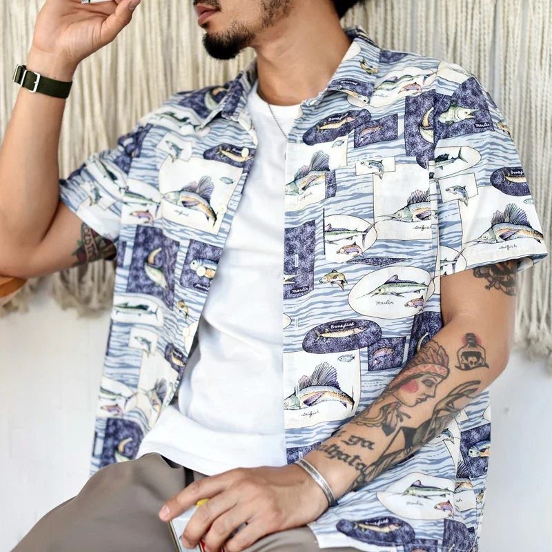 SauceZhan Aloha Shirt Brand Shirts Mens Shirts Vintage Printing Shirt Short Sleeve Casual 100% Cotton Youth