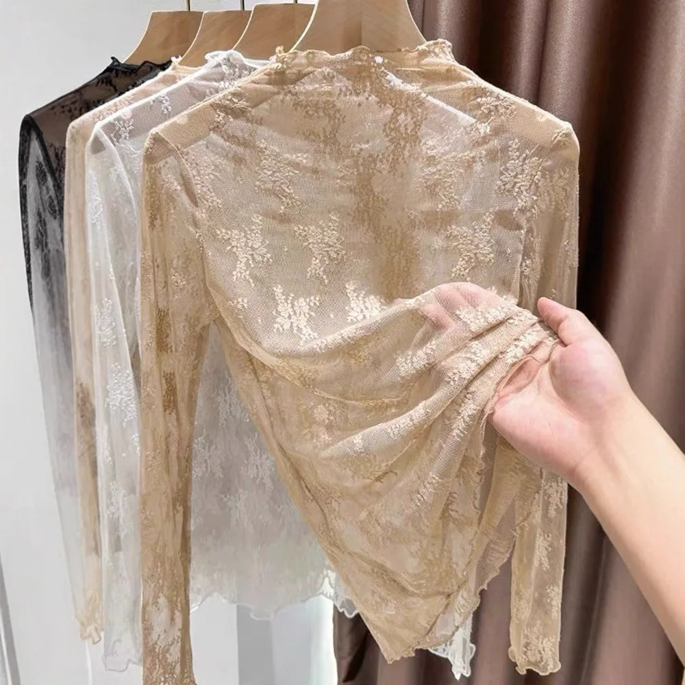 2026 Autumn New Women Mock Neck Lace Layering Top Ruffle Lettuce Edge Mesh Long Sleeve Blouse Elegant High Grade Undershirt
