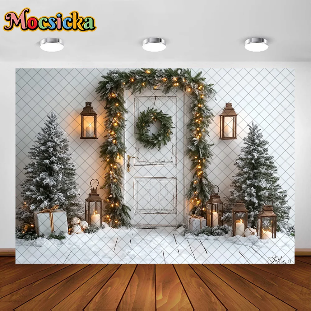 Mocsicka خلفيات للتصوير الفوتوغرافي شجرة عيد الميلاد إكليل الثلوج ديكورا الأسرة عيد الميلاد عطلة صورة خلفيات الصور للصور