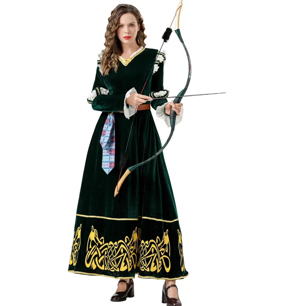 

Halloween Brave Princess Costume Women Green Velvet Long Sleeve Vintage Clothes Cartoon Movie Girls Princess Merida Dress