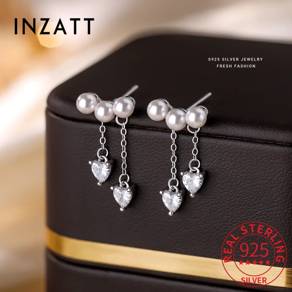 

INZATT Real 925 Sterling Silver Pearl Zircon Heart Chain Tassel Stud Earrings for Women Fine Jewelry Light Luxury Accessories