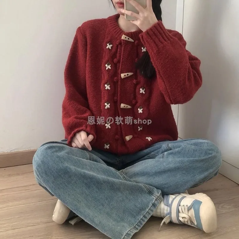 Women Retro Japanese Crochet Knit Cardigan Horn Button Cable Knit Loose Sweater Coat For Petite Ladies Spring