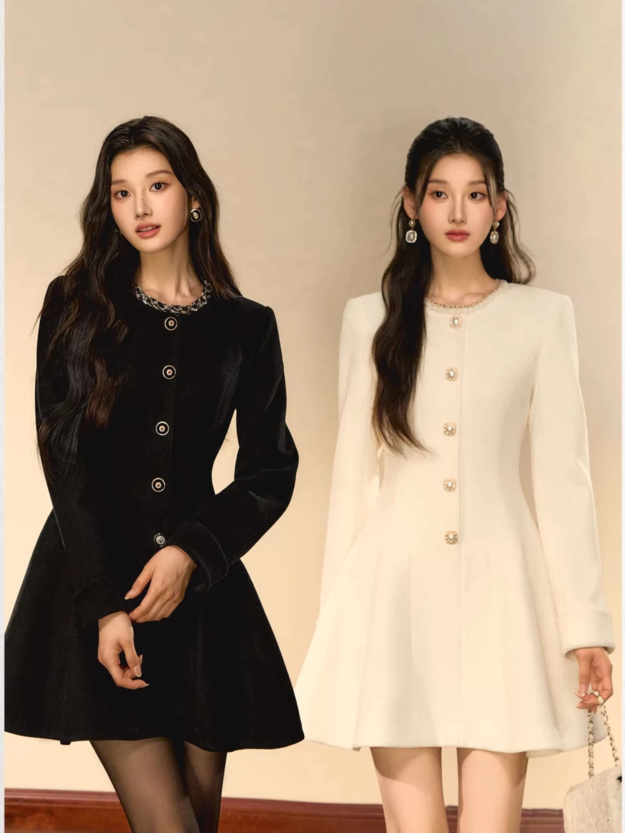 

2025 New High-End Elegant Socialite Pearl Button Long Sleeve Slimming A-Line Dress for Women French Elegant Evening Dresses