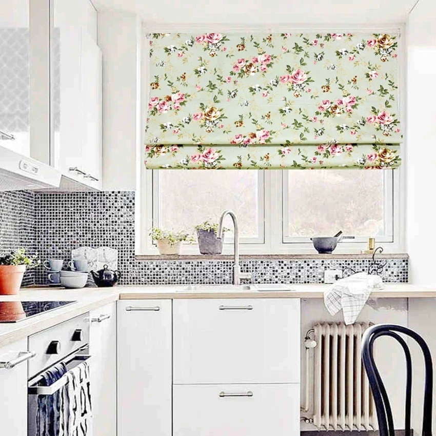 Anvige Motorized Pastoral Flower Rose Printed Roman Shade Rollor Blind Window Curtains For Living Room