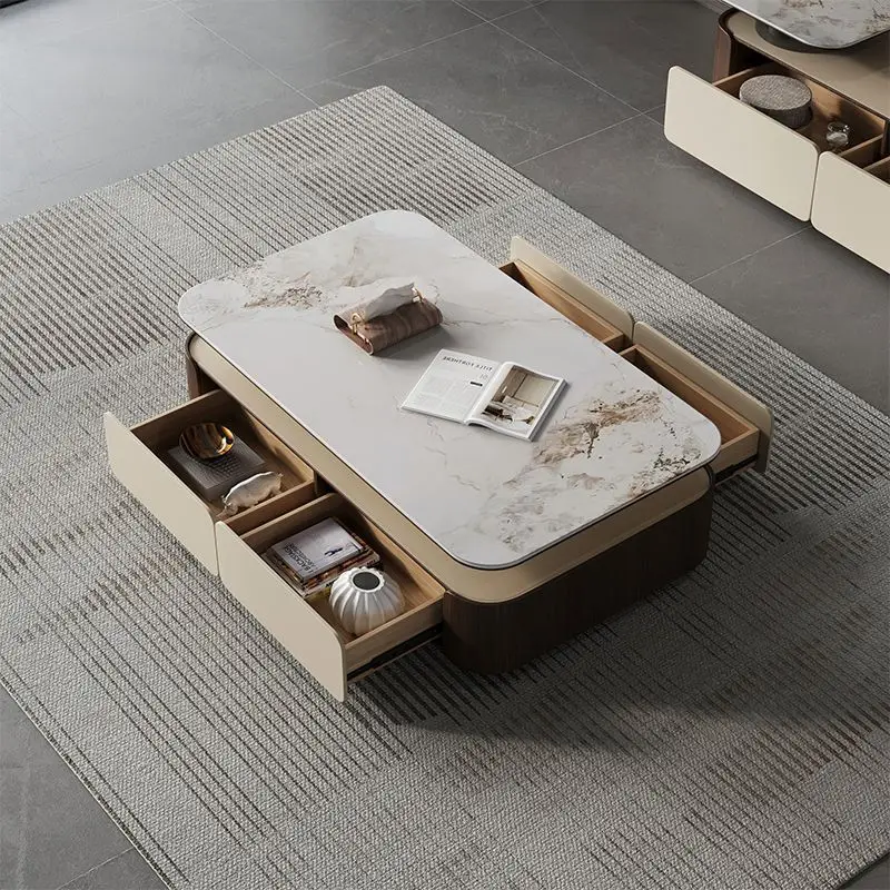 Drehbare kleine Wohnung, leichte, luxuriöse, rechteckige Steinplatte, Couchtisch aus massivem Holz, einziehbarer TV-Schrank