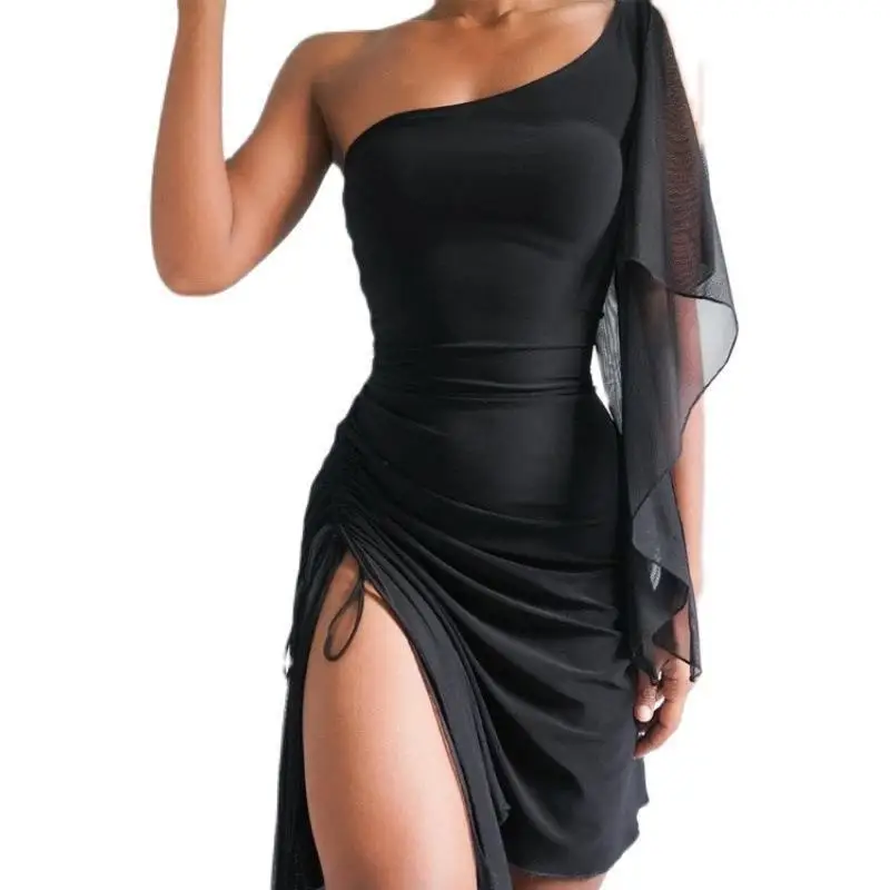 

2025 New Women's Mid Long Off Shoulder Mesh Sleeve Split Dress Irregular Hem with Drawstring for Foreign Trade