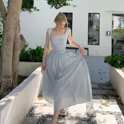 Elegant Stitching Dress Female Korean Chic Square Collar Short Sleeve Beach Party Dress Ladies High Waist All-Match A Line Dress