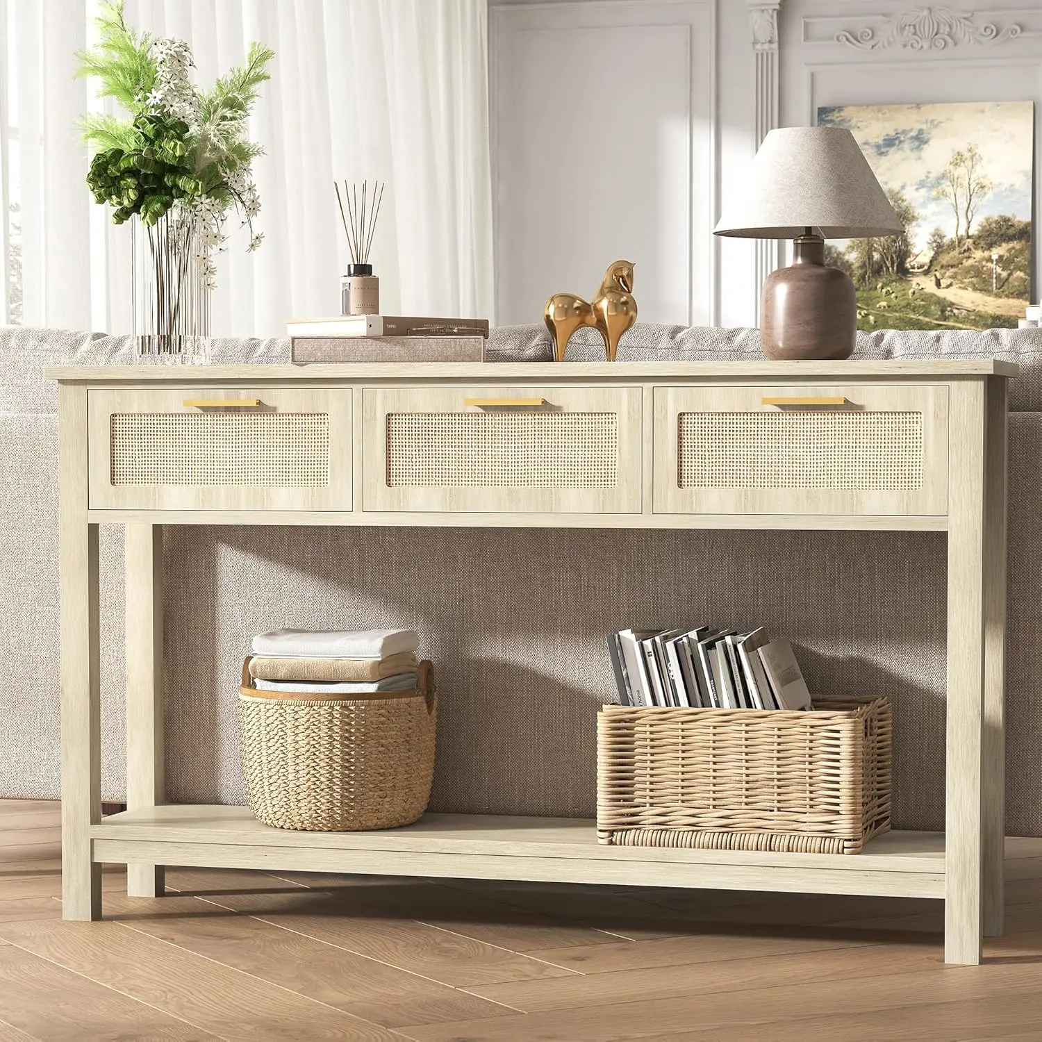 

Консольный стол из ротанга 51,2 дюйма с 3 ящиками и полкой, в стиле бохо, для прихожей, за диваном, в гостиную, коридор, натуральное дерево, на заказ