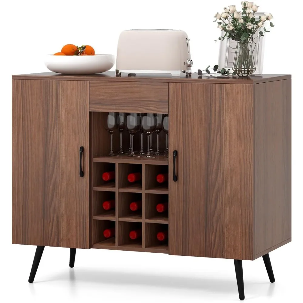 

"Modern Wine Cabinet - Mid-Century Buffet Sideboard w/ 9-Bottle Rack, Drawer & Adjustable Shelves"​