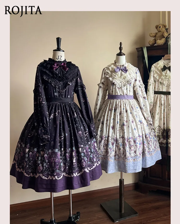 เดรสลายหมีวินเทจพิมพ์ลายองุ่น CLA ชุดเดรสยาวสไตล์โลลิต้า แขนยาว สำหรับฤดูใบไม้ผลิและฤดูใบไม้ร่วง สีดำ สีม่วง ชุดเดรส OP สำหรับผู้หญิง