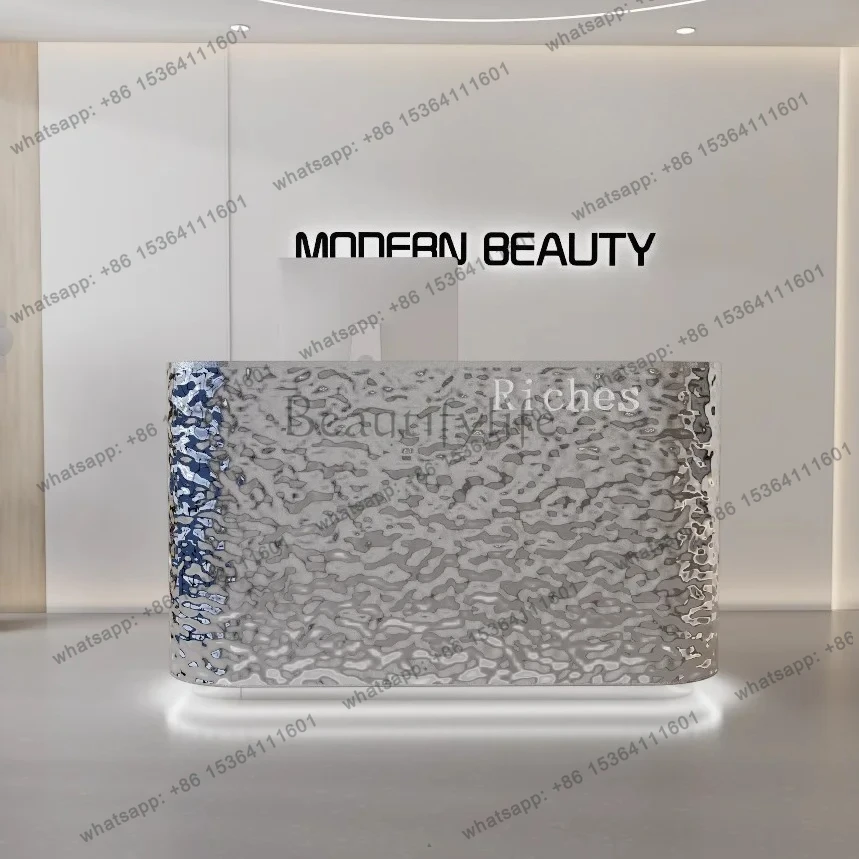

Stainless steel checkout page curved water ripple bar beauty salon type commercial reception desk
