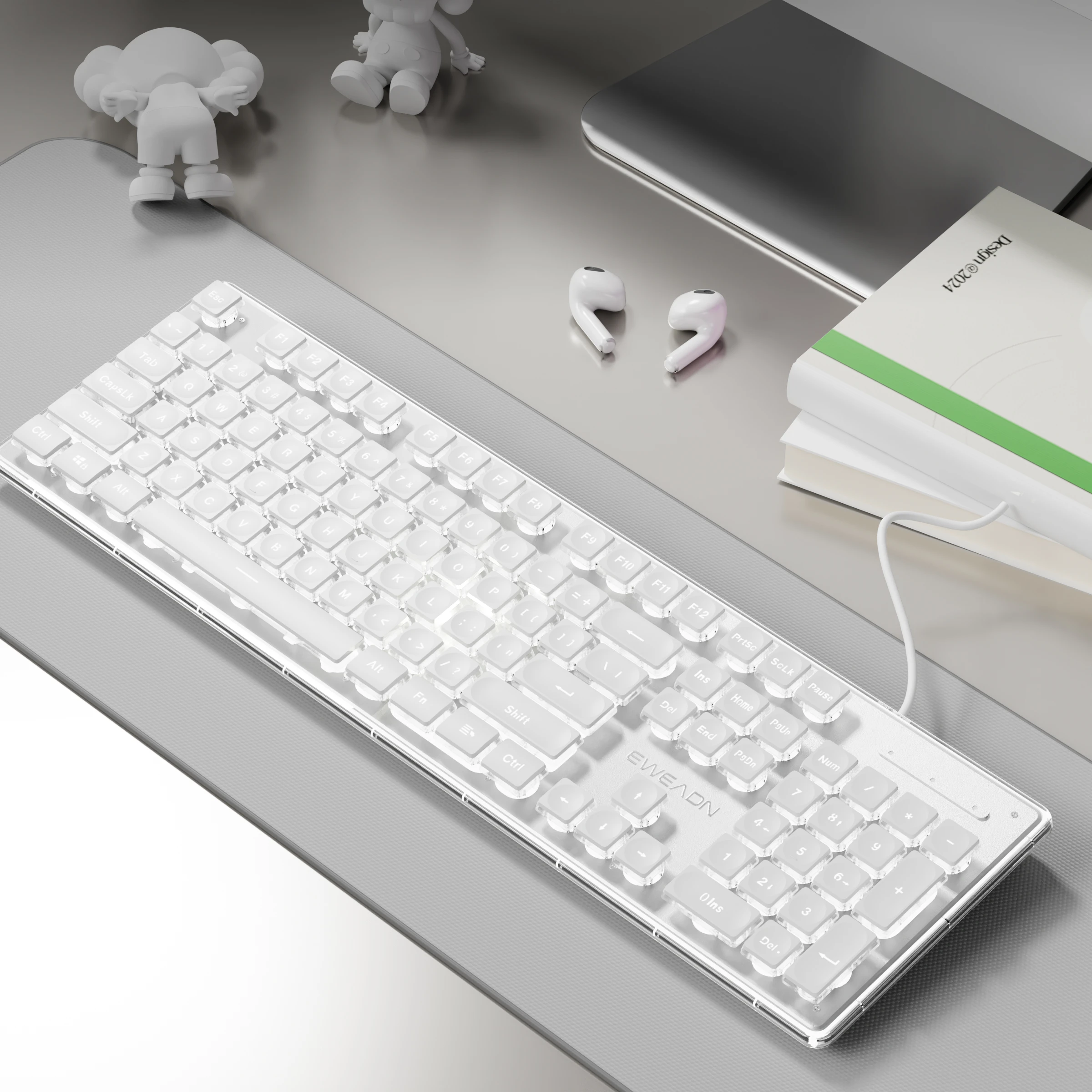 EWEADN لوحة مفاتيح سلكية صامتة للمكتب بإضاءة خلفية بيضاء، لوحة مفاتيح USB كاملة الحجم 104 أغطية مفاتيح، مريحة، ألعاب Windows/الكمبيوتر المحمول/الكمبيوتر الشخصي