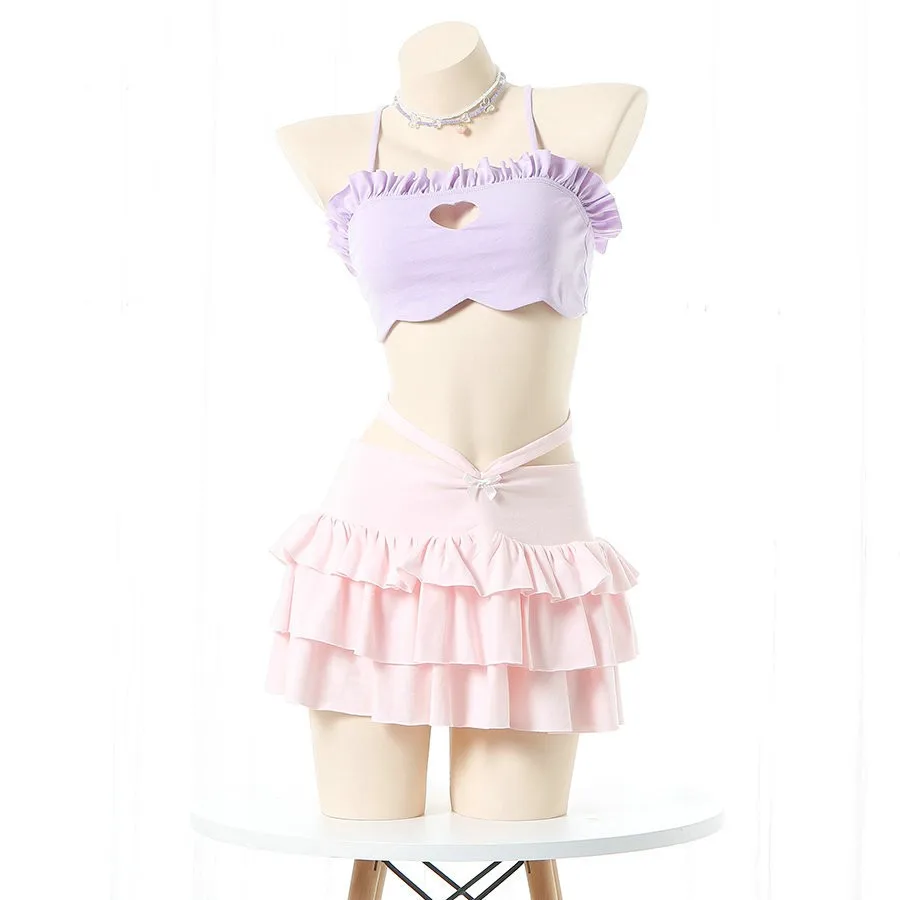 Feminino Anime Coração Oco Maiô, Uniforme, Saia Bolo, Macaron Split, Roupa de Banho Escolar, Trajes de Cosplay, Doce Menina, Verão