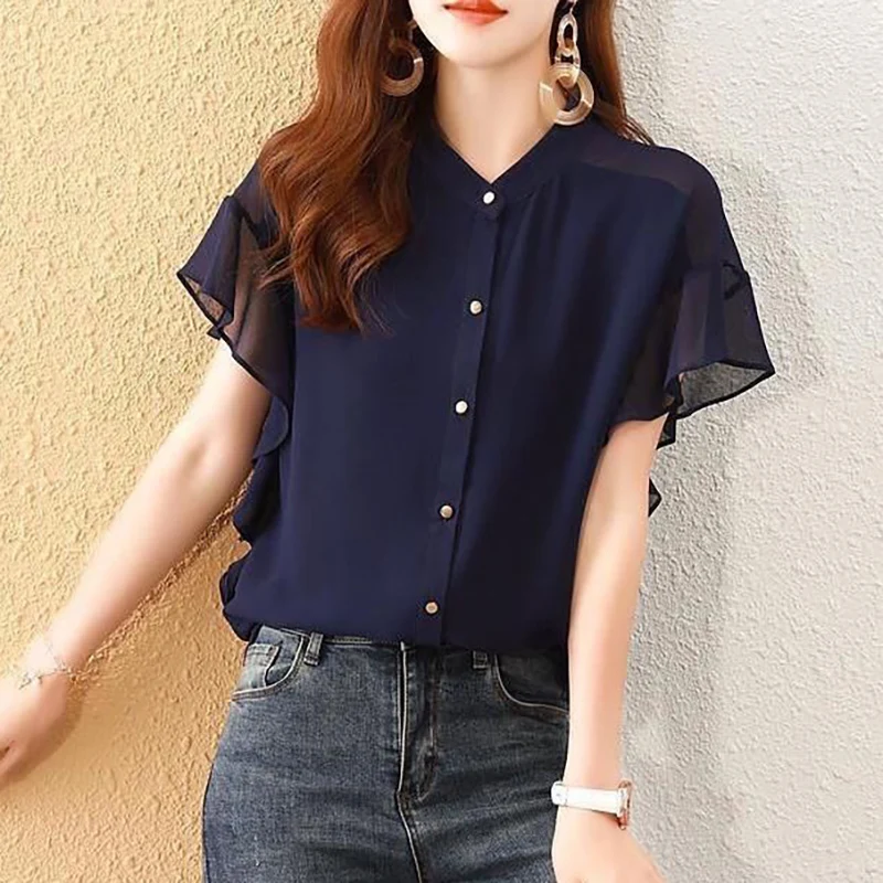 Elegant O-Neck Button Solid Color Butterfly Sleeve Chiffon Shirts Women's Clothing 2024 Summer Loose Chic Tops All-match Blouses