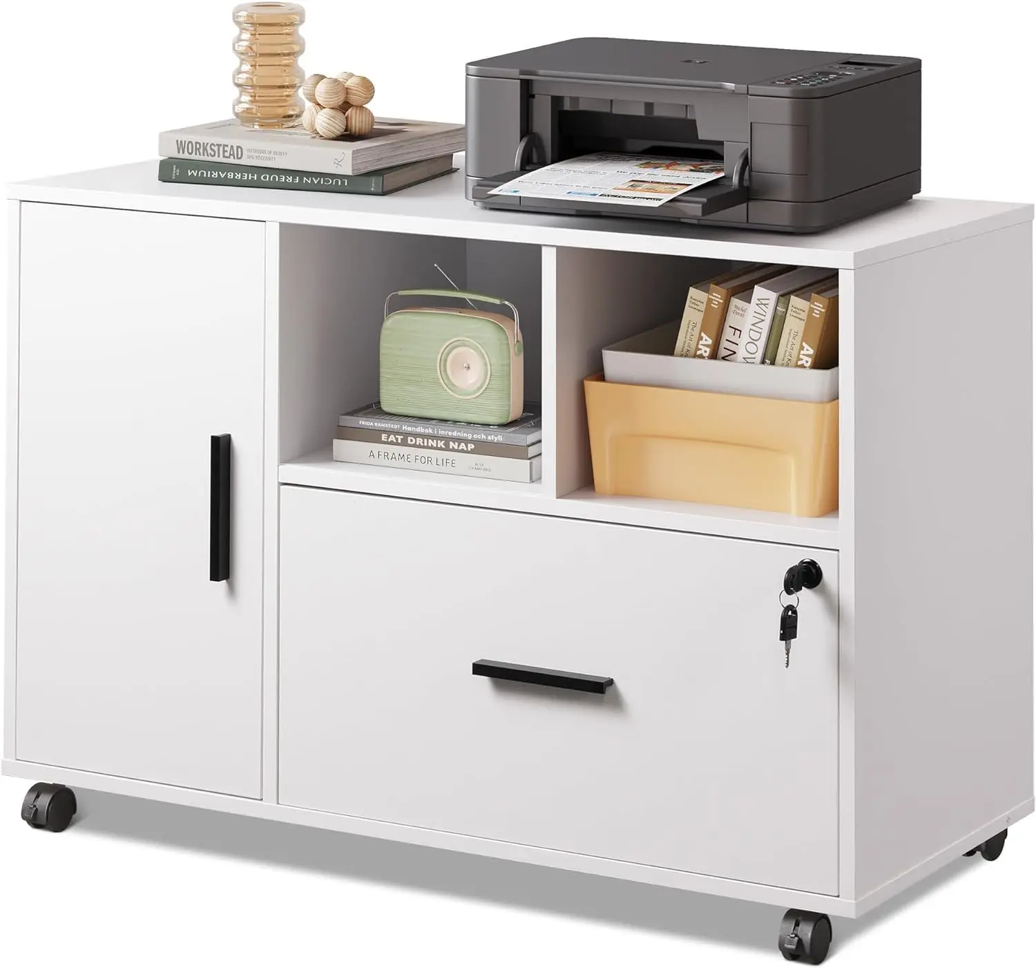 

Lockable office filing cabinet, single drawer wooden horizontal filing cabinet with wheels, household open storage rack