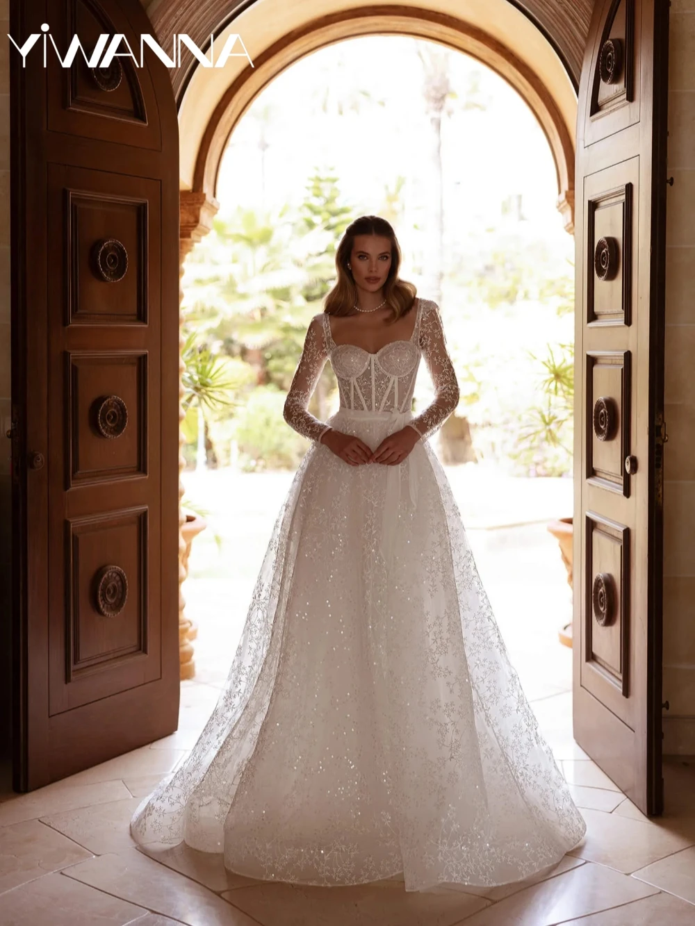 

Dreamy Glitter Lace Appliques Wedding Dress Romantic Sweetheart Neck Bridal Gown Customized Modest Long Sleeve Dresses For Bride