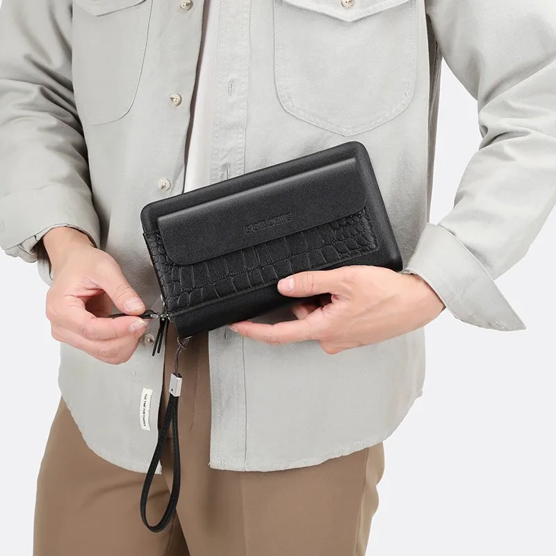 

Clutch Bag for Man PU Leather Fashion Zipper Card Wallet Holder Phone Ipad Pouch Hand Porter Wrist Strap Envelope Male Purse