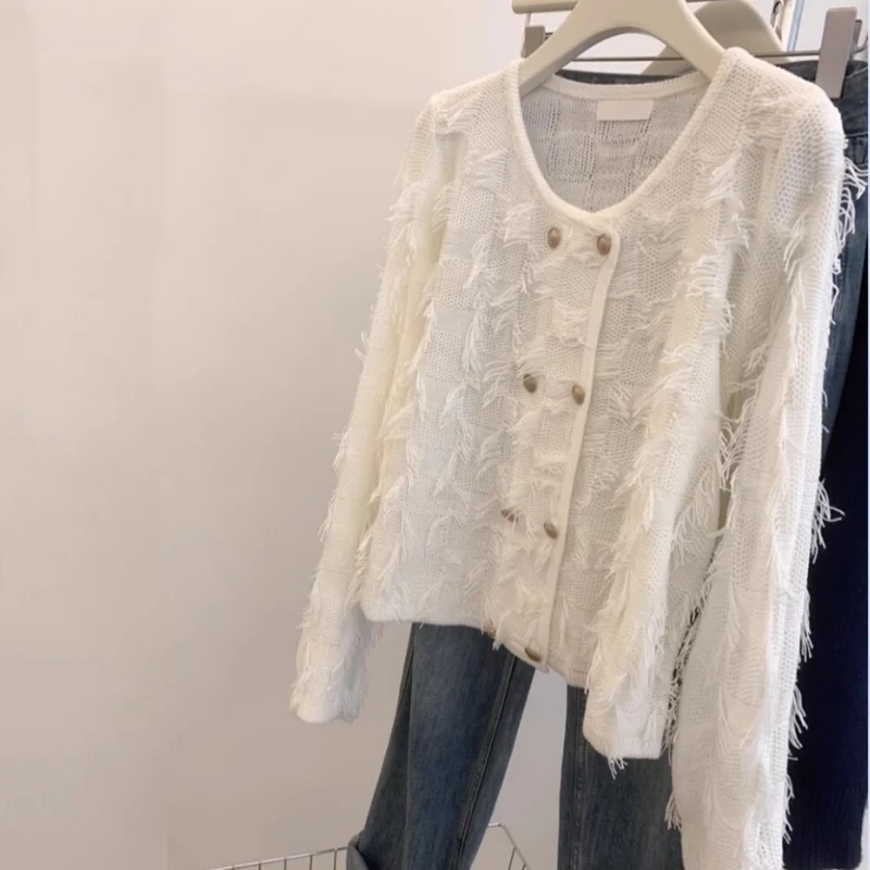 

Женский кардиган с круглым вырезом, вязаный свитер из 100% мериносовой шерсти, осенне-зимний новый стиль, двубортный короткий струящийся жакет, топы