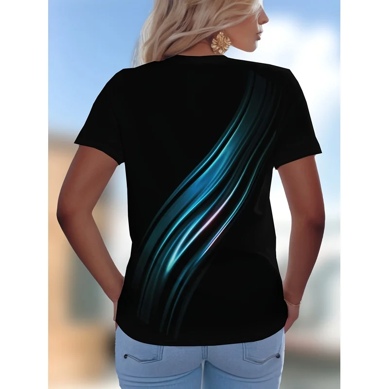 T-Shirt, Summer Fashion 3D Printed Line Curves Simple Pattern, V-Neck Short-Sleeved Top,Europe and the United States