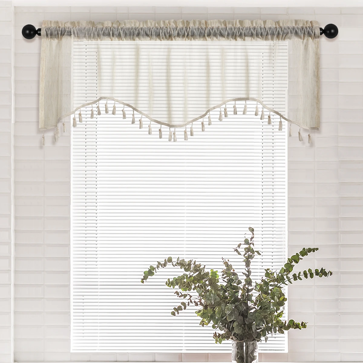 1pc Japanese Style S-Shaped Valance for Living Room,Rod Pocket,Linen Fabric Curtain Valance With Tassel for Window Door Decor