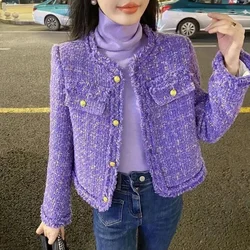 Small Fragrance Tweed Jacket Women Spring Autumn Elegant Cropped O-neck Outerwear Purple Casual Tweed Woolen Coat Ladies Tops