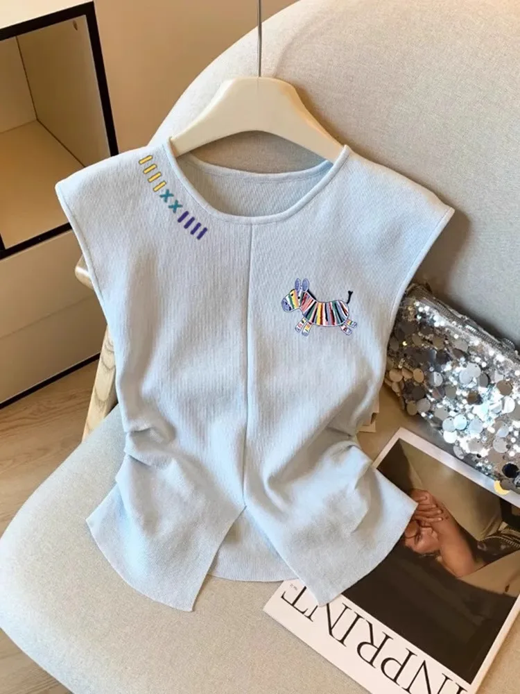 Top Curto F Estilo Coreano com Bordado de Cavalo Arco-Íris de Verão, Regata Linda Sem Mangas, Gola Redonda e Caimento ...