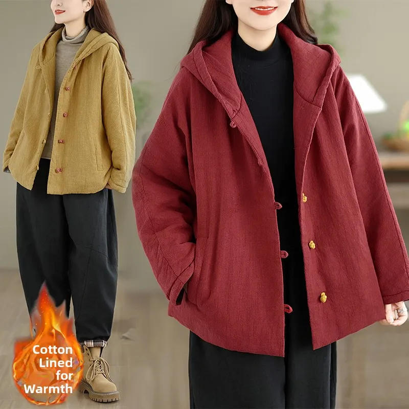 

Thiened Retro Korean Sle Women's Cotton Jaet Stand Collar Hooded Button down Winter Coat Warm And Comfortable Outerwear