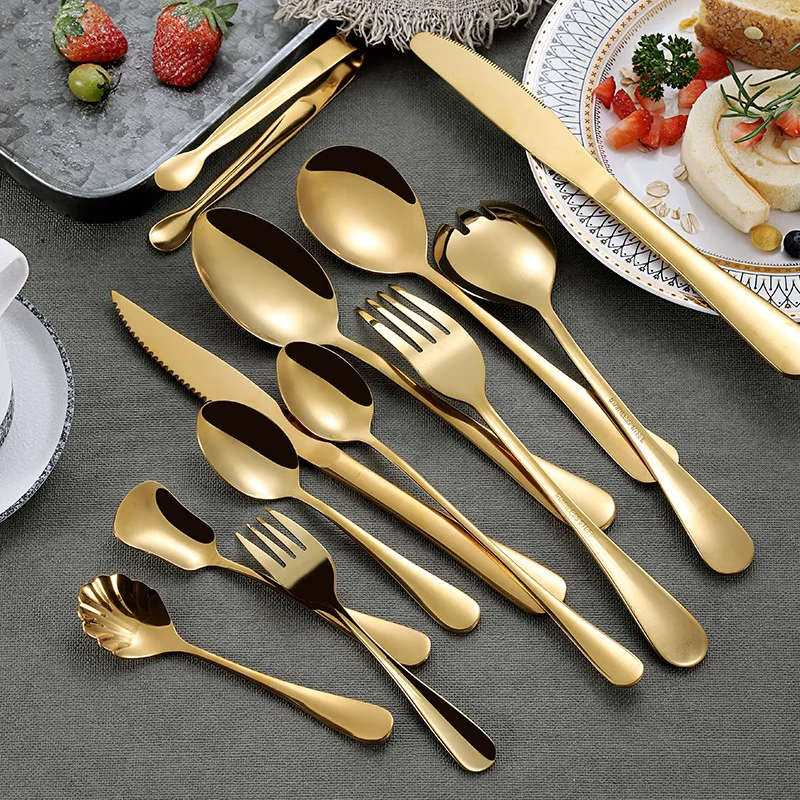 Titanium Plated Stainless Steel Tableware Set Soup Spoon Coffee Spoon Ice Steak Knife Fork Spoon Western Tableware LS-JD1010G