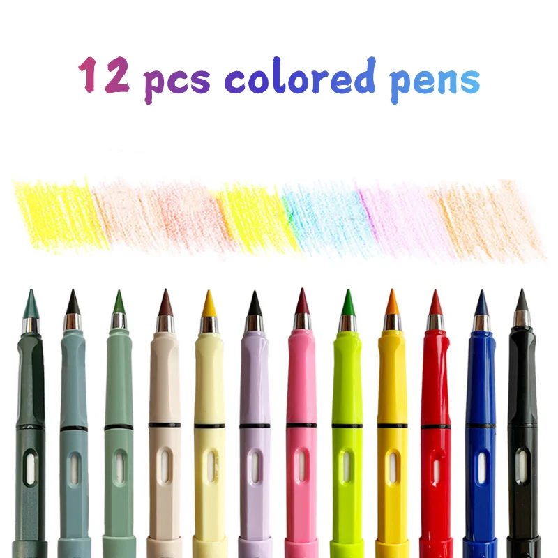12Pcs Color Permanent Pencil Set, Replaceable Tips No Ink No Cut, Break-Resistant Refillable Drawing Pencils