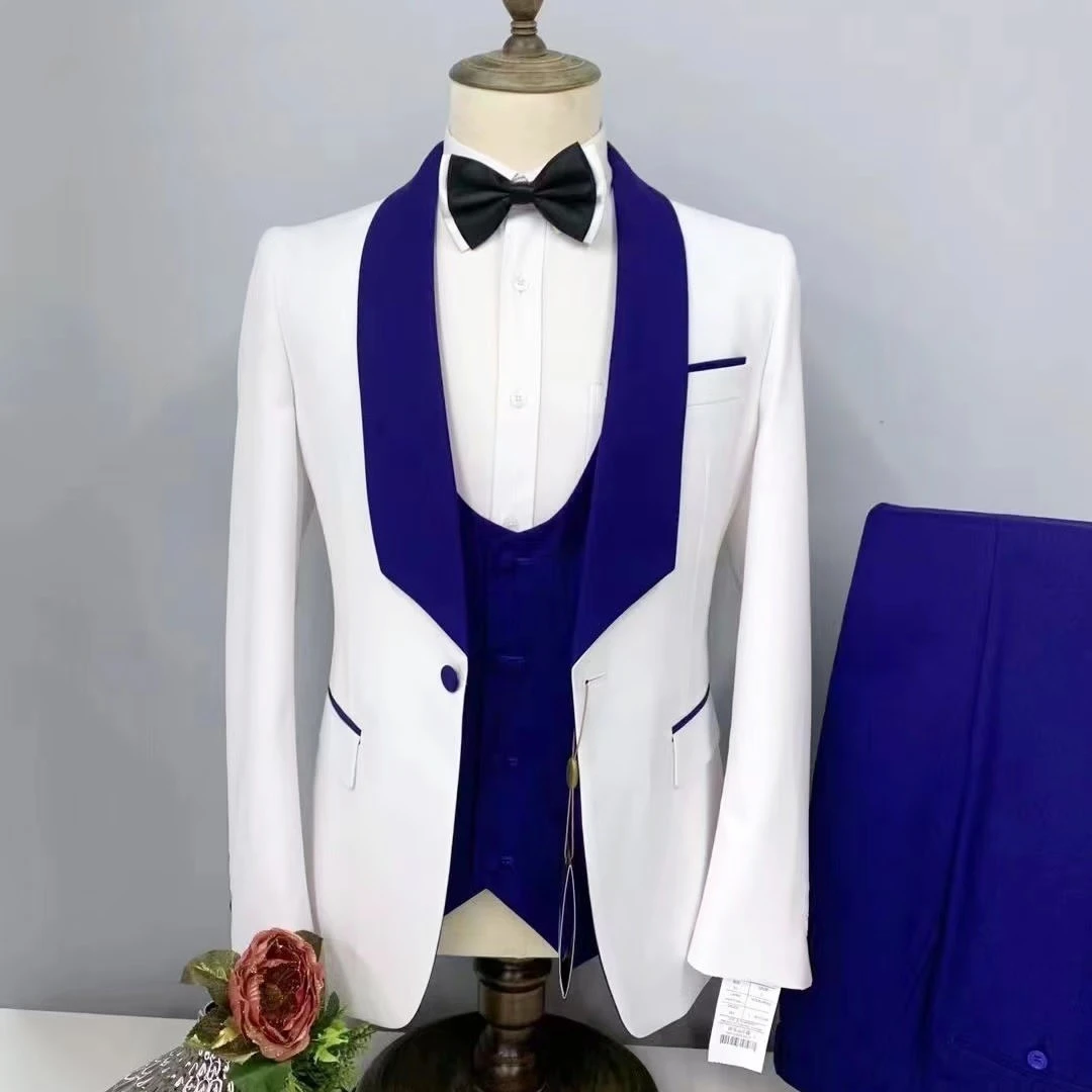 Men Suit White Wedding Blazer Royal Blue Shawl Lapel Single Breasted Jacket Pants Vest Three Piece Costume Homme Slim Fit 2024