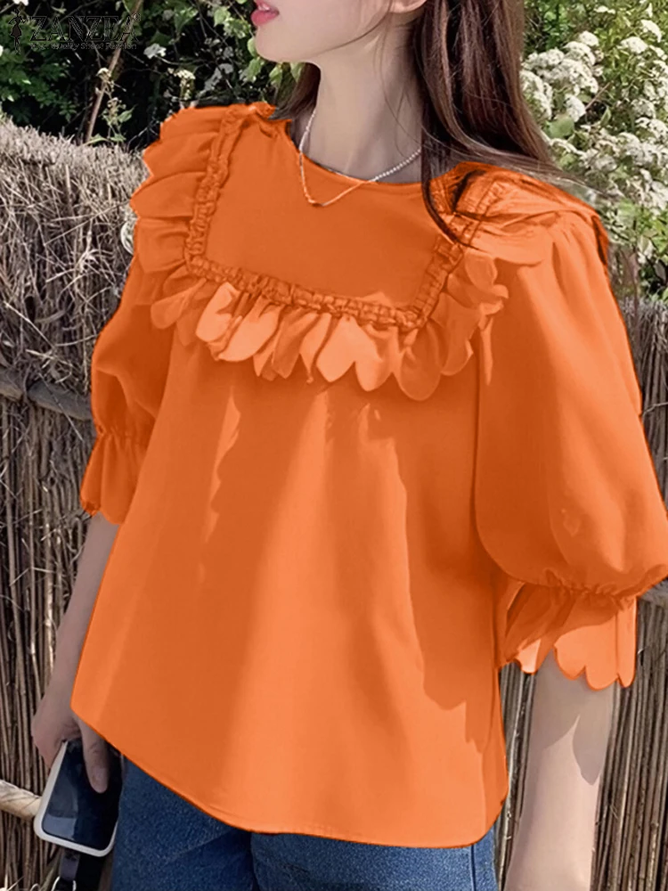 ZANZEA Women Lantern Half Sleeve Tops Casual Solid Blouse Sweety Unique Ruffle Stitching Shirts Vintage Round Neck 2024 Tunics