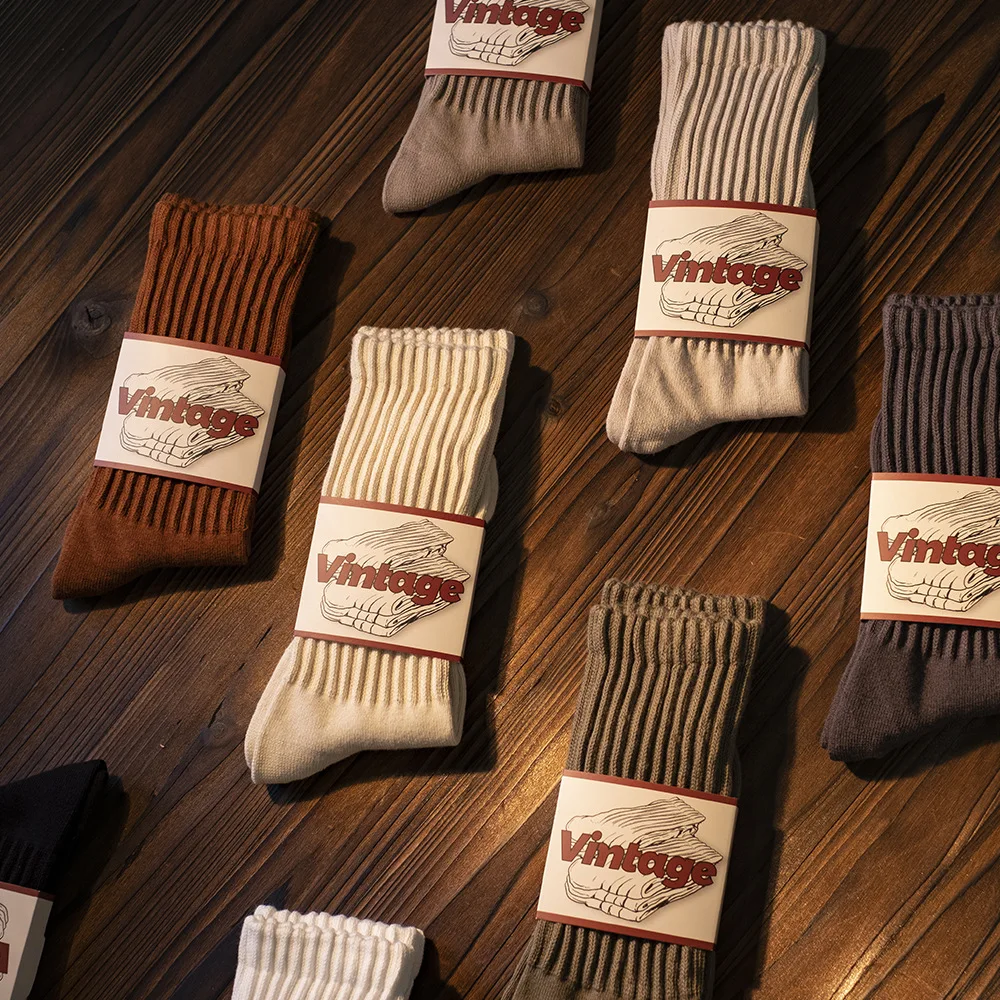 1 paire de chaussettes thermiques en coton mi-mollet de Style japonais rétro américain pour hommes et femmes, ensemble de chaussettes chaudes à poignée, automne et hiver