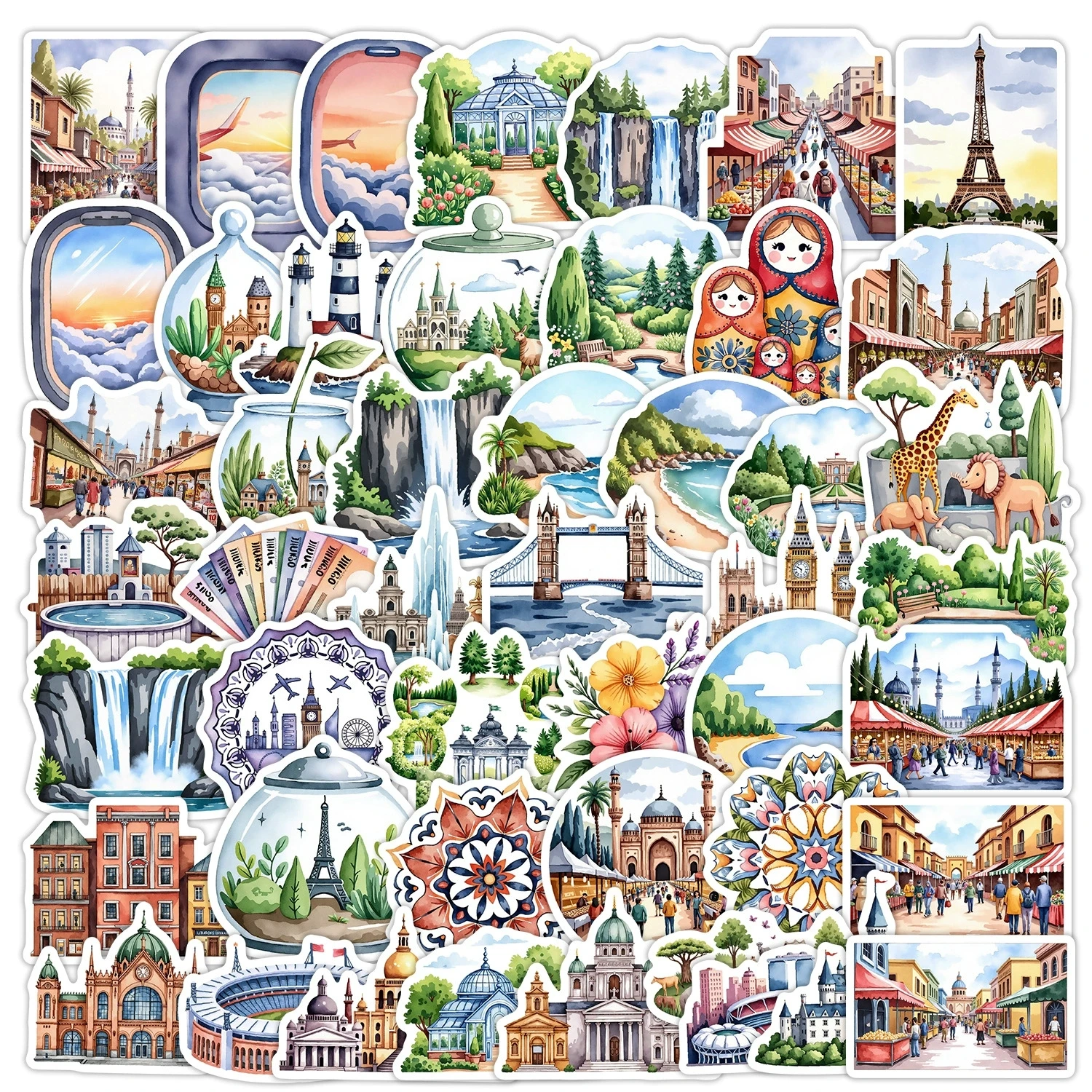 50 Stück Aquarell-Reise-Graffiti-Aufkleber DIY Wasserfeste Vinyl-Sticker für Tagebuch, Handy, Laptop, Geschenk