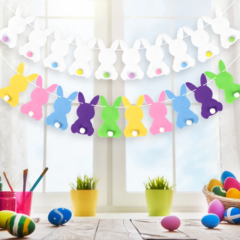 1set 250cm Happy Easter Rabbit Shape Banner Easter Party Pennant Felt Flag Decorative Garland Bunting Easter Party Home Decor