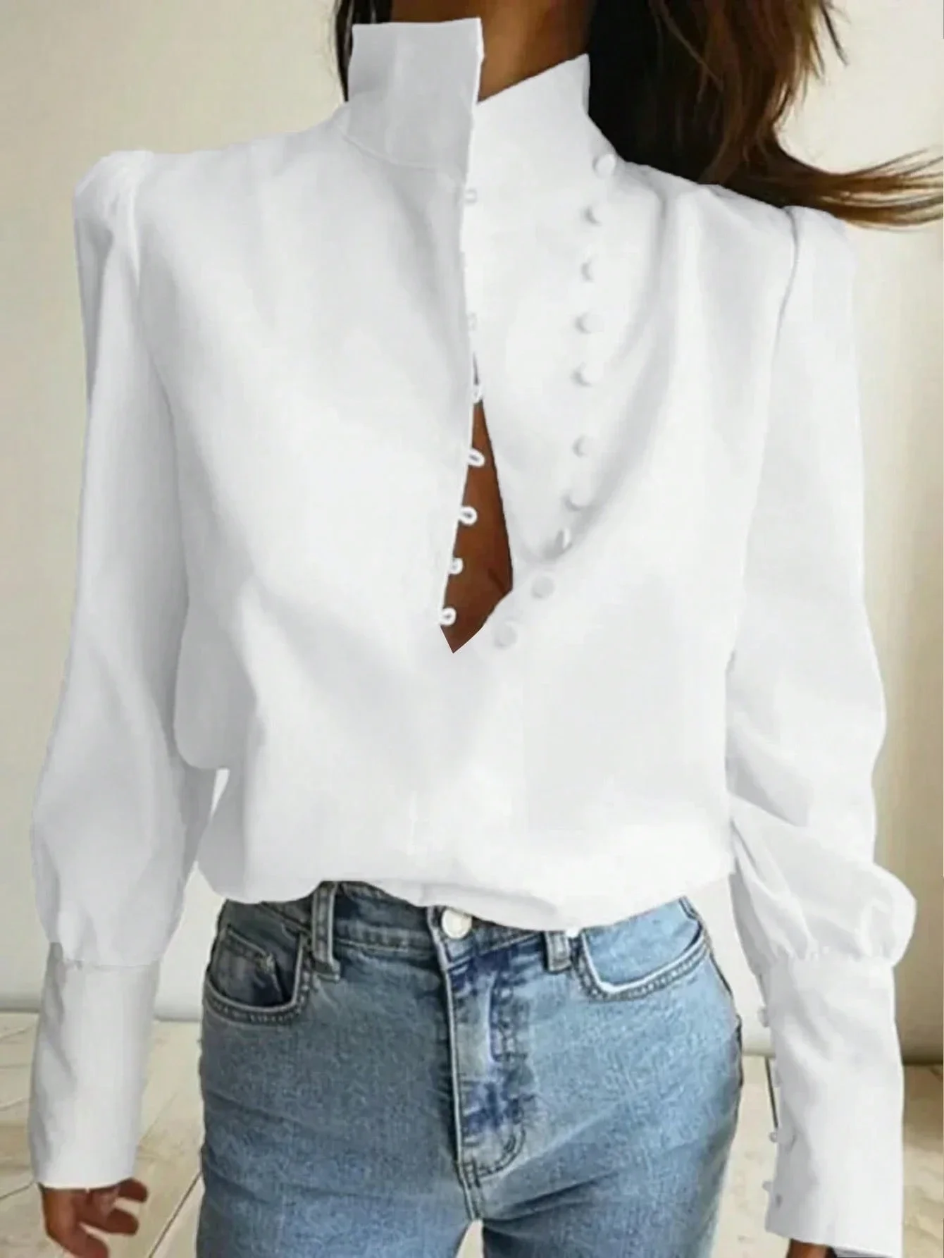 

Women's Elegant Lightweight Asymmetric Button-Up Blouse, Long Sleeve, High Neck, Spring Summer White
