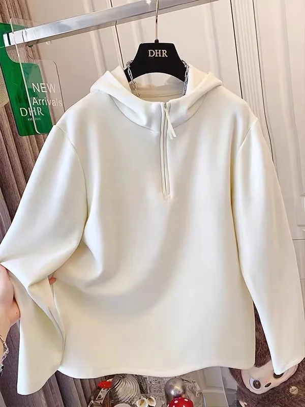 plus Size 300 Pounds Simple  Color Half Zipper Hoodie Women's Autumn Winter Loose Versatile Long Sleeve Hat Sweatshirt J...