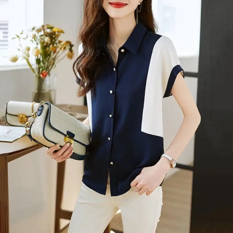 

Elegant Women's Button Shirt Summer New Fashion Korean Contrasting Colors Spliced Polo-Neck Blouse Short Sleeve Female Clothing